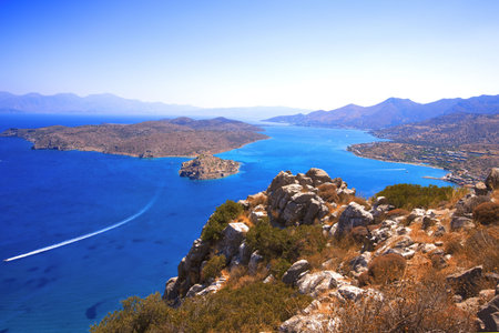 The island of Spinalonga (official name: Kalidon) is located at the eastern section of Crete, in Lasithi prefecture, near the town of Elounda. Mirabello Bay.の写真素材