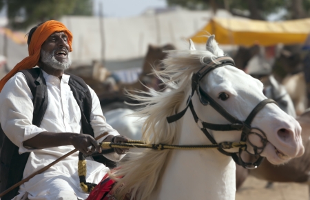 PUSHKAR, INDIA - NOVEMBER 21:  An unidentified rider on a white horse attends at the Pushkar fair on November 21, 2012 in Pushkar, Rajasthan, India.のeditorial素材