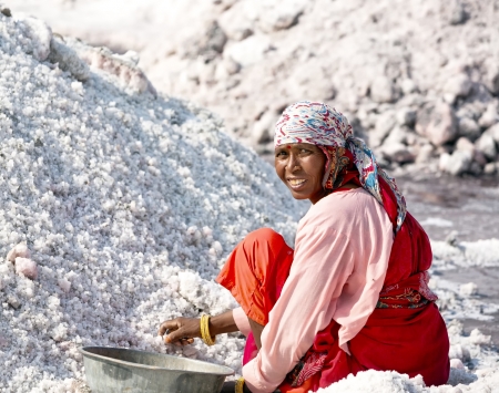 SAMBHAR LAKE TOWN-NOVEMBER 19: An unidentified Indian woman working on the salt farm, November 19, 2012, in Sambhar lake town, Sambhar salt lake, Rajasthan, Indiaのeditorial素材
