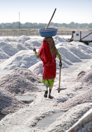SAMBHAR LAKE TOWN-NOVEMBER 19: An unidentified Indian woman working on the salt farm, November 19, 2012, in Sambhar lake town, Sambhar salt lake, Rajasthan, Indiaのeditorial素材
