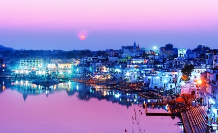 Pushkar lake at night  Pushkar, Rajasthan, India, Asia の写真素材