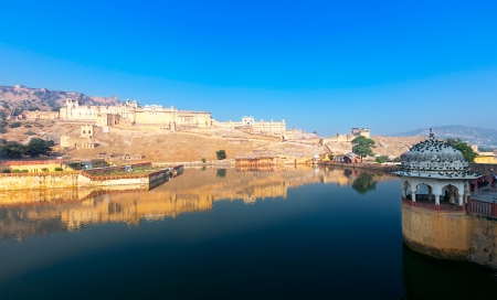 Maota Lake and Amber Fort in Jaipur, Rajasthan, India, Asiaの写真素材
