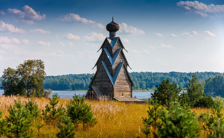 The wooden church of the 17th century St. John the Baptist in the village of Shirkovo, Tver region, Russiaの写真素材