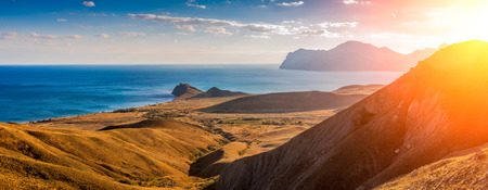 View of the Koktebel Bay, Cape Chameleon and ancient volcano Karadag, Crimeaの写真素材