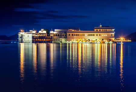 Lake Pichola and Taj Lake Palace at night , Udaipur, Rajasthan, India, Asia. のeditorial素材
