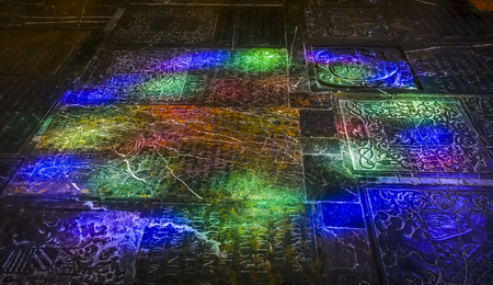 Cordoba, Andalucia, Spain - Mar 13, 2018:  Interior of Great Mosque of Cordoba and the Mezquita, Cathedral of Our Lady of the Assumption in Historic centre of Cordoba. Floor lighted with stained glassのeditorial素材