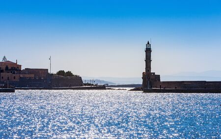 Old Venetian lighthouse in Chania on the island of Crete, Greeceの写真素材