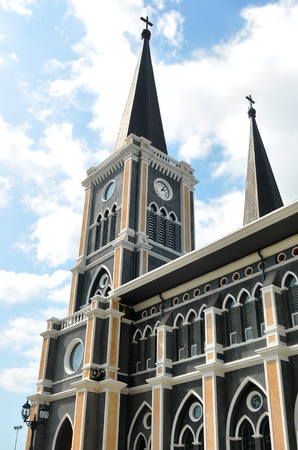 ancient catholic church, belltower with clockの写真素材