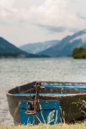 Boat on a lake in the Alpsの写真素材