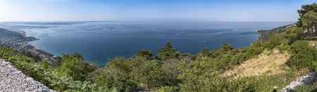 View from Temple of Monte Grisa to the bay of Triest in Friuli-Venezia Giulia in Italyの写真素材