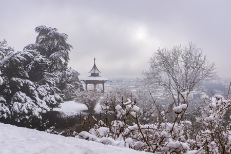 Chinese Pavilion on Schlossberg in town Graz on a foggy winterdayの写真素材