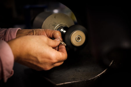 Jeweler polishes a gold ring on a bench grinder in an authentic jeweller's workshop