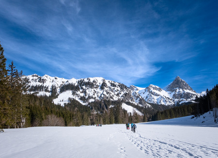 Group of adults snowshoeing on snowy plateau Kaiserau with mountain Admonter Kalbling on a sunny winterday in Styria, Austriaの写真素材