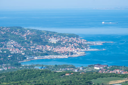 View from castle Socerb in Slovenia to adriatic sea with bay of city Muggia in Italy, Europe