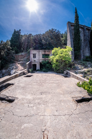 Abandoned ruined lost place port with funicular to bauxite mine in town Cere near Rabac in Istria, Croatiaの写真素材