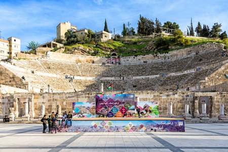 Amman, Jordan - April 02, 2015: View of the Roman Theater from Hashemite Plaza. The theater is a famous landmark in Amman, it dates back to the Roman period when the city was known as Philadelphia.のeditorial素材