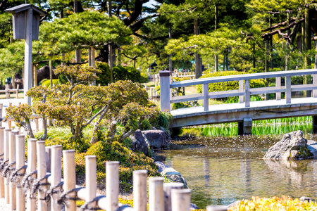 Kanazawa, Japan - April 24, 2014: View of Kenroku-en (Six Attributes Garden), an old private garden. Along with Kairaku-en and Koraku-en, Kenroku-en is one of the Three Great Gardens of Japan.のeditorial素材