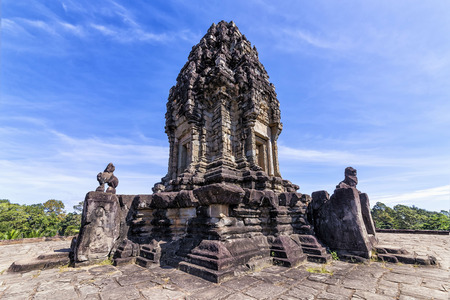 The Bakong temple pyramid summit, located near Siem Reap, Cambodia. The structure of Bakong took shape of stepped pyramid, popularly identified as temple mountain of early Khmer temple architectureの写真素材