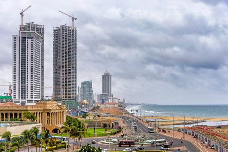 Colombo, Sri Lanka - August 14, 2017: View of Fort skyline under stormy sky. Fort is the central business and financial district of Colombo. It is also home of government departments and officesのeditorial素材