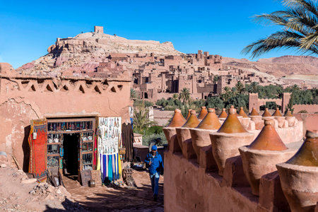 Ait Benhaddou, Morocco - December 29, 2017: The Ksar Ait Benhaddou as viewed from the modern side. A great example of Moroccan earthen clay architecture, has been a UNESCO World Heritage Siteのeditorial素材