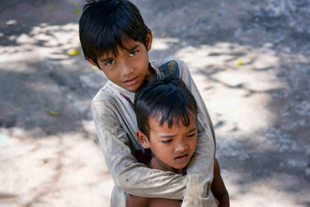 Lolei, Cambodia - January 01, 2017: Portrait of two unidentified boys met outside Wat Lolei Buddhist Templeのeditorial素材