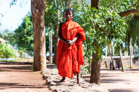 Mihintale, Sri lanka - August 16, 2017: A novice buddhist monk looking at camera in the sacred site of Mihintale, now a pilgrimage siteのeditorial素材
