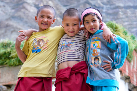 Ladakh, India - August 17, 2015: Young ladakhi girls in Thardot Choeling Nunnery. It is not uncommon for girls in their early teens to run away from home to join a Buddhist nunneryのeditorial素材