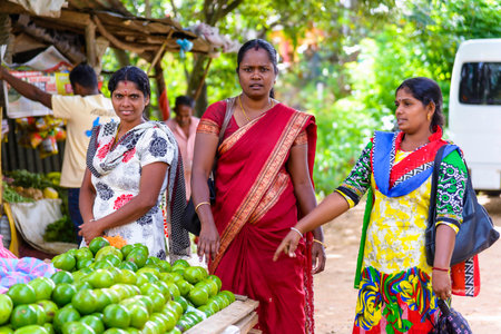 Divithotawela, Sri Lanka - August 20, 2017: Three unidentified women in traditional clothes are shopping at the local marketのeditorial素材
