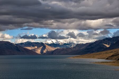 Stormy sky over Tso Moriri lake in Ladakh region, Indiaの写真素材