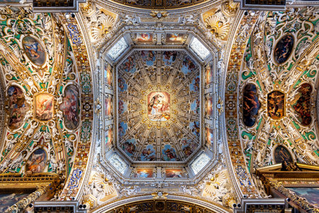 Bergamo, Italy - September 15, 2018: View of the ceiling of Basilica di Santa Maria Maggiore. This major basilica was founded in 1137 and is dedicated to Saint Maryのeditorial素材