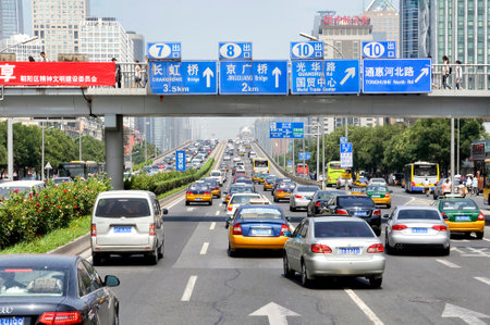 Beijing, China - August 10, 2011: A traffic jam in city center during rush hour. Traffic are a major concern in Beijing. Even outside of rush hour, several roads still remain clogged with trafficのeditorial素材