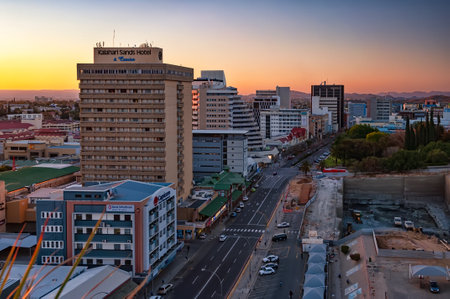 Windhoek, Namibia - August 4, 2013: View of the city center at sunset. Windhoek is the capital and largest city of Namibia, and is the social, economic, political, and cultural centre of the countryのeditorial素材