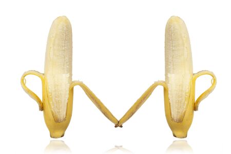 Cartoon banana raising his hand, Ripe banana isolated on white background の写真素材