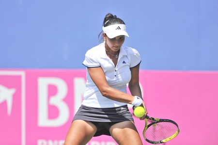 NONTHABURI ,THAILAND - FEB 4 : India tennis player Sania Mirza during her Fed Cup, 2011 World Group Play-Off singles match vs. Noppawan Lertcheewakam,February 4, 2011 in Nonthaburi ,Thailand のeditorial素材