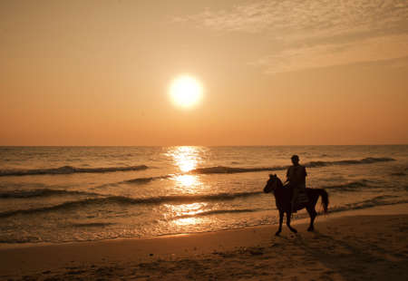 silhouette People ride horses.in sea on sunset の写真素材