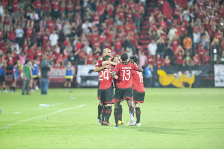 NONTHABURI THAILAND - MAY 25 :the AFC CUP between Muang Thong UTD vs Al Ahed Fc on May 25, 2011 at Yamaha Stadium in Nonthaburi, Thailand のeditorial素材