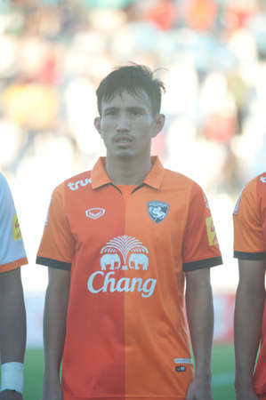 BANGKOK THAILAND-MARCH 30: Thai Premier League GSE Samutsongcham FC and Suphanburi FC at Army Stadiumon March 30,2014 in Thailand のeditorial素材