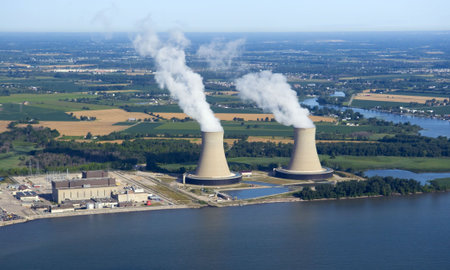 Aerial view of a nuclear power plant along the shoreline