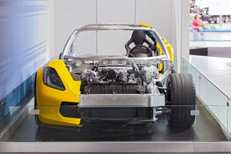 CHICAGO - FEBRUARY 7 : A cutaway of the new 2015 Chevy Corvette Stingray on display at the Chicago...
