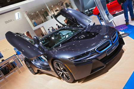 DETROIT - JANUARY 12: The BMW i8 electric car January 12th, 2015 at the 2015 North American...