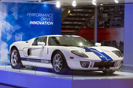 DETROIT - JANUARY 12: A Ford GT supercar on display January 12th, 2015 at the 2015 North American International Auto Show in Detroit, Michigan.のeditorial素材