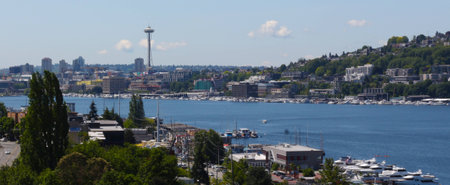 Seattle skyline over Lake Union with view of Space Needleの写真素材
