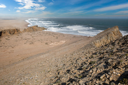View of the Atlantic Ocean from the cliffs of Cabo da Roca, Portugalの写真素材