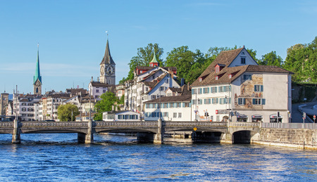 Zurich Switzerland  8 May 2015: view from the Limmatquai quay towards the Schipfe quarter in the morning. Zurich is the largest city in Switzerland and the capital of the Canton of Zurich.のeditorial素材