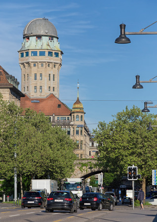 Zurich Switzerland  8 May 2015: view on the Uraniastrasse street and the Urania observatory building in the morning rush hour. Zurich is the largest city in Switzerland and the Capital of the Canton of Zurich.のeditorial素材