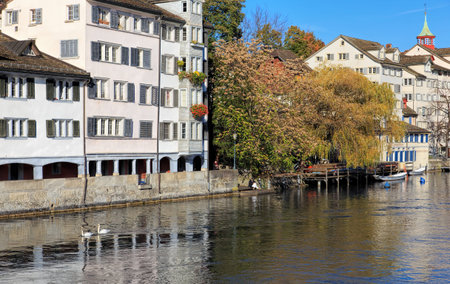 Zurich Switzerland  8 November 2014: view on the Schipfe quarter across the Limmat river. Zurich is the largest city in Switzerland and the capital of the Canton of Zurich.のeditorial素材