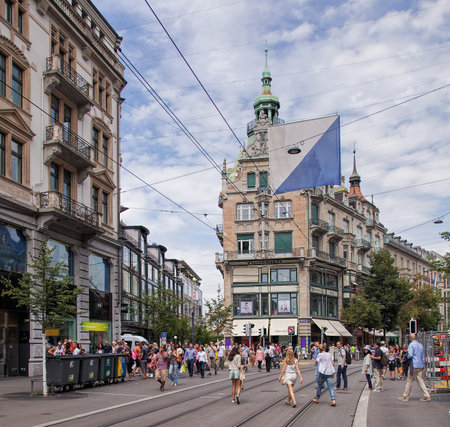 Zurich, Switzerland - 2 August, 2014: Bahnhofstrasse street short before beginning of the Street Parade 2014. The Street Parade is the most attended technoparade in Europe, it takes place in Zurich, Switzerland.のeditorial素材