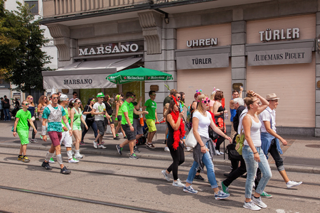 Zurich, Switzerland - 2 August, 2014: Street Parade participants on the Bahnhofstrasse street. The Street Parade is the most attended technoparade in Europe, it takes place in Zurich, Switzerland.のeditorial素材