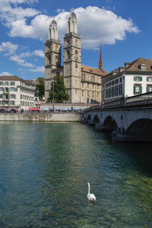 Zurich, Switzerland - 30 July, 2015: view on the Limmatquai quay and the Grossmunster cathedral. Zurich is the largest city in Switzerland, it is also the capital of the Canton of Zurich.のeditorial素材