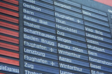 Zurich, Switzerland - 9 August, 2015: arrival-departure board of the Zurich main railway station close up. Zurich is the largest city in Switzerland and the capital of the Canton of Zurich.のeditorial素材